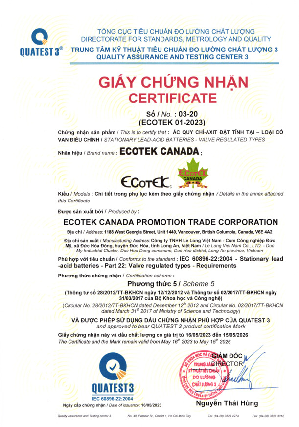 Chứng nhận IEC 60896-22.2004